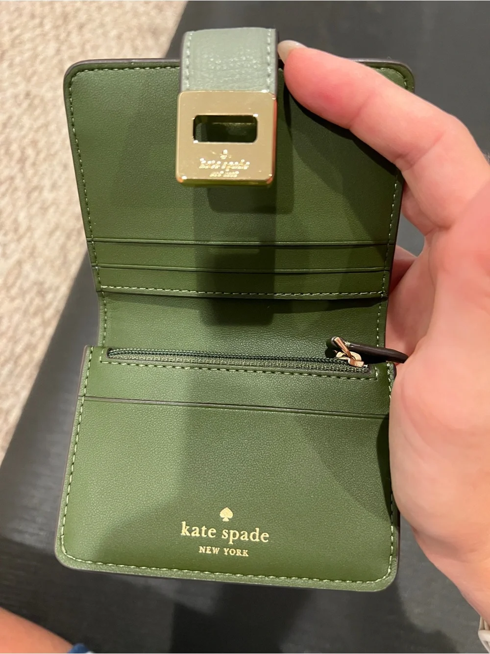 kate spade light sage pebbled leather wallet with gold clasp